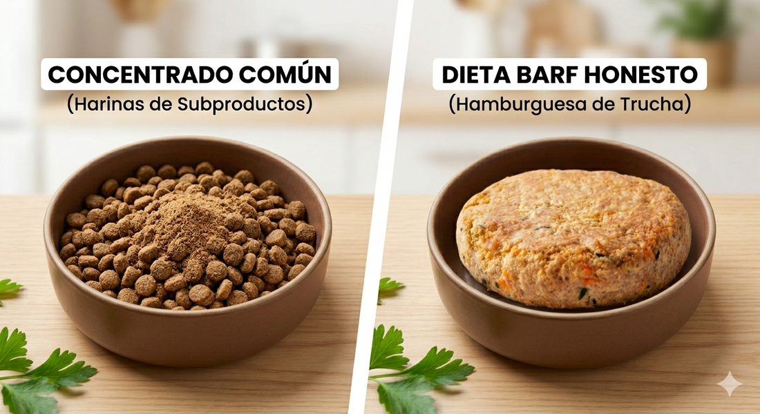 Comparación visual de un tazón con concentrado ultraprocesado (harinas) versus un tazón con Dieta BARF natural de Tienda Honesto para perros en Colombia.