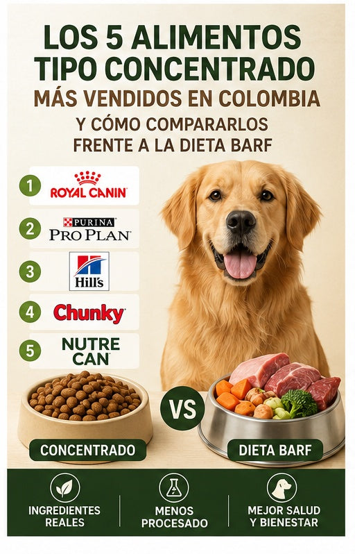 Comparación de los 5 alimentos tipo concentrado más vendidos en Colombia frente a la dieta BARF para perros