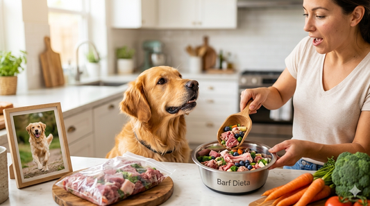 Una dueña de mascota preparando una porción fresca de comida natural BARF para su Golden Retriever en una cocina luminosa