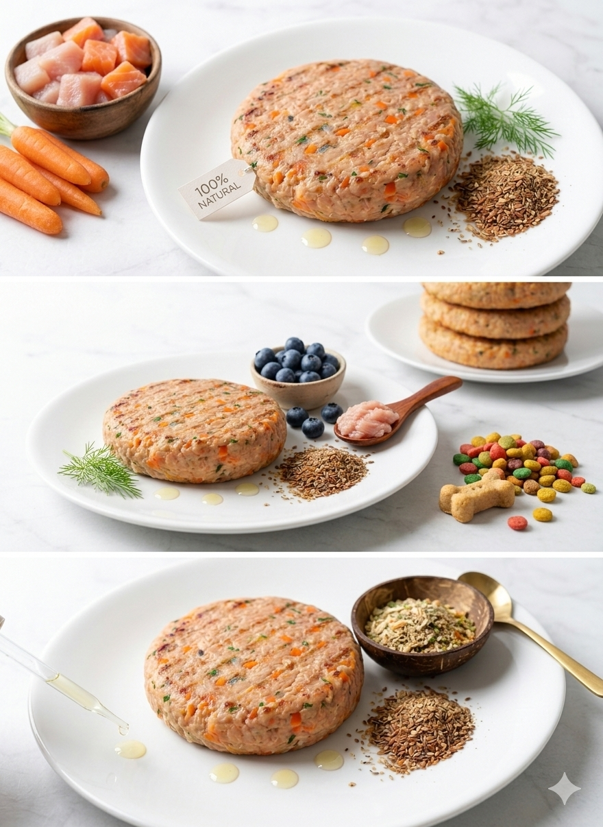 Comida natural para perro - Hamburguesas de Pollo y Trucha